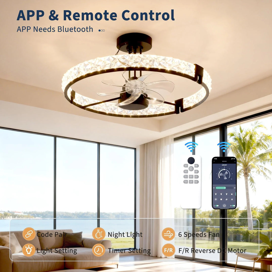 Garvee Deckenventilator Mit Licht & Fernbedienung, LED, Reversibler Motor, 6 Stufen, Schwarz