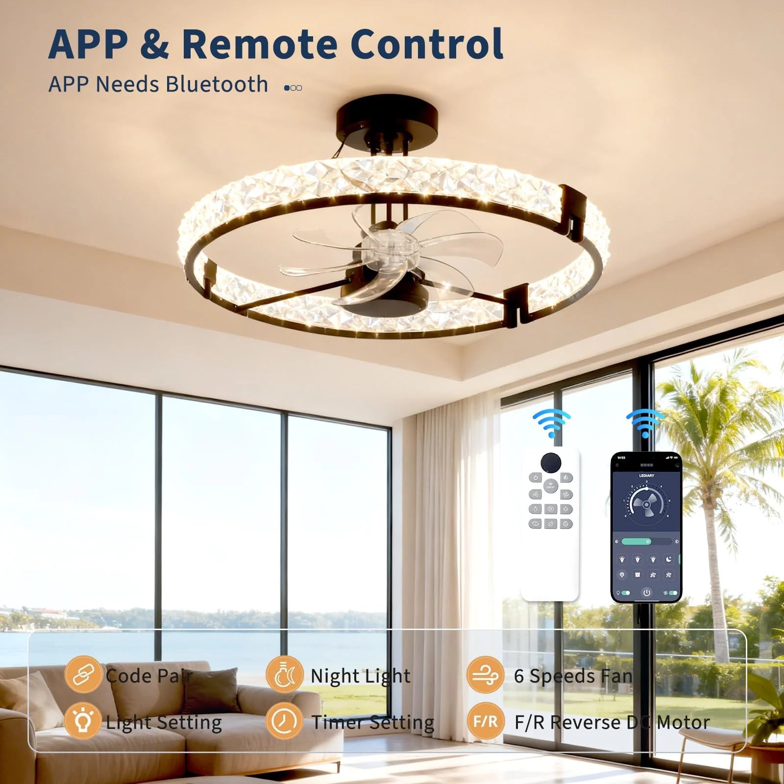 Garvee Deckenventilator Mit Licht & Fernbedienung, LED, Reversibler Motor, 6 Stufen, Schwarz