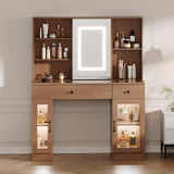 Garvee Schminktisch Mit LED Spiegel, Steckdosen & Stauraum Für Schlafzimmer, Holzfarben, 3-Farben Beleuchtung, 2 Schubladen & 2 Schränke - Natur