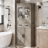 Garvee Autoportantes Badregal 170 cm Hoch Mit 4 Türen Und Glasfront Für Bad Und Wohnzimmer, Verstellbare Regale, MDF, Moderner Minimalismus, Vielseitig, Weiß - 