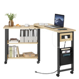 Garvee Eckschreibtisch L-Form, 360° drehbar, mit Steckdose, USB-Anschluss, Regal, Stauraum und 6 Rollen, MDF & Metall, Naturholz - Naturholz