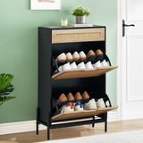 Garvee Schuhschrank Rattan Mit 2 Klappfächern & 1 Schublade Für Flur Und Wohnzimmer, 24x9.4x40.3 Zoll, Naturfarben - 2 Bilder Schwarz+Schwarz+Eiche