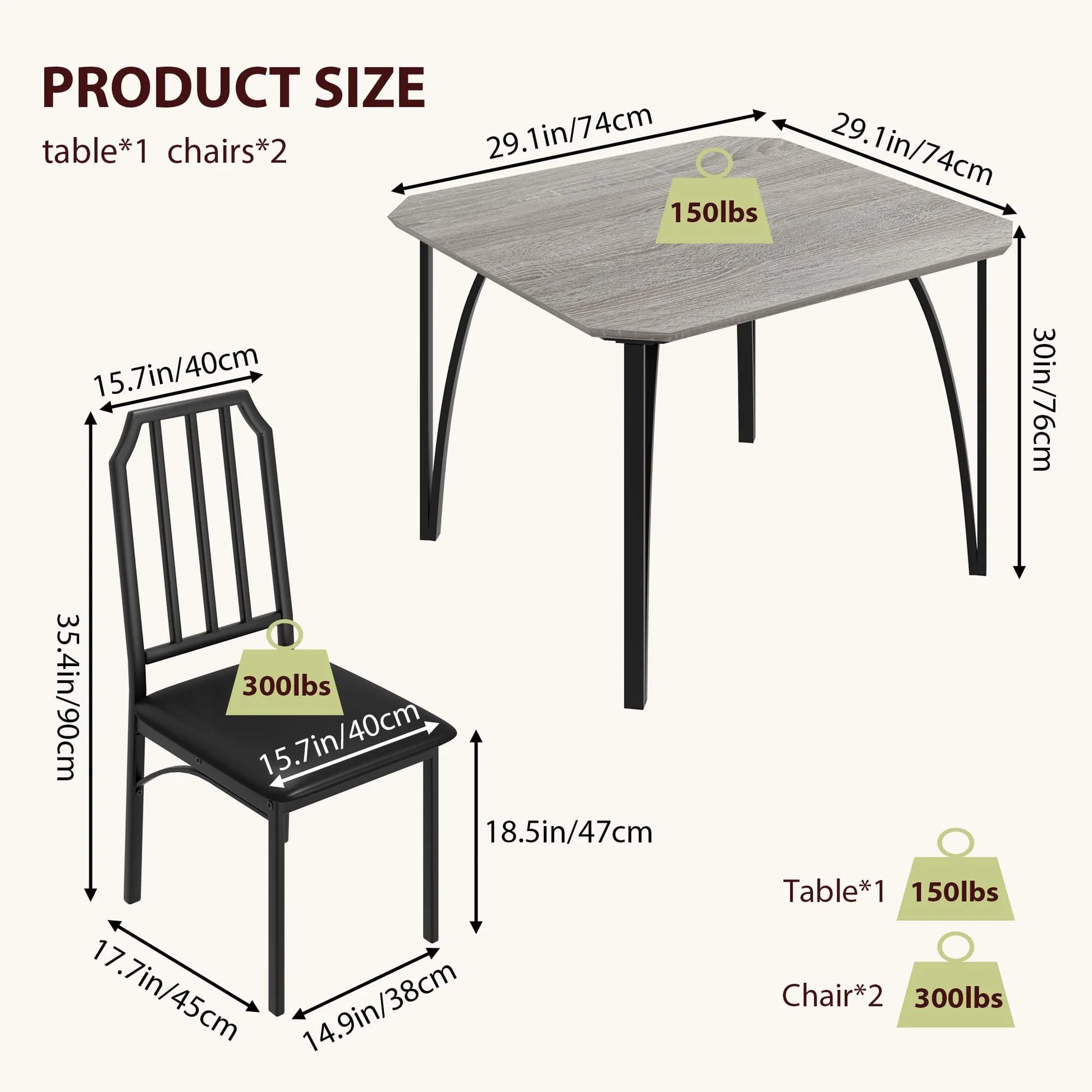 Garvee 3-teiliges Esszimmer-Set für 2 Personen, kompakte Essgruppe mit Tisch und 2 gepolsterten Stühlen, abgeschrägtem Tischdesign, für kleine Räume, Grau