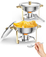 Garvee 2er-Set Buffet-Aufwärmschalen 5L Edelstahl Warmhalteplatten Mit Deckelhalter Für Partys Hochzeiten Events Gold