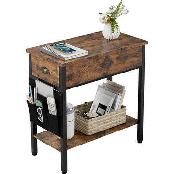 GARVEE Beistelltisch mit Schublade und Stofftasche - Vielseitiger Nachttisch im Retro-Design für Wohnzimmer & Schlafzimmer (60x32x60cm, Dunkelbraun)