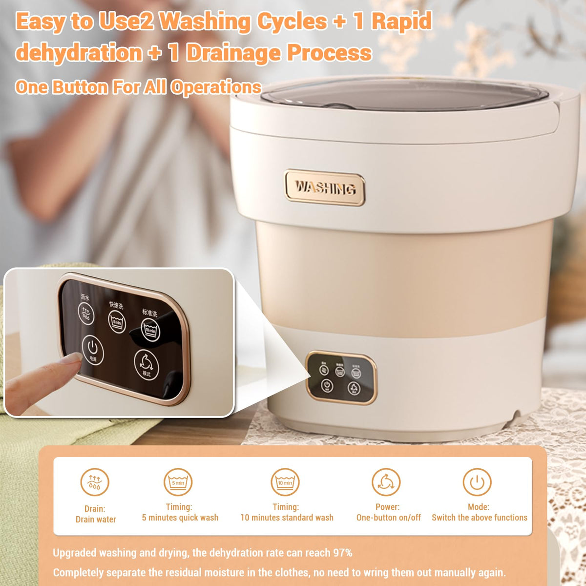 Beige Mini Waschmaschine mit 3 Reinigungsmodi