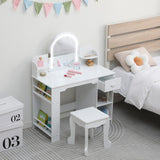 Garvee Kinder Schminktisch Mit Beleuchtetem Spiegel, 2-in-1 Vanity Tisch & Hocker, MDF, LED-Licht, Stauraum Für Mädchen 3-9 Jahre, Schlafzimmer & Spielzimmer, Weiß - Weiß