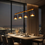GARVEE Moderne 4-Lampen Pendelleuchte Tisch Esszimmer Holz Balken Stoffschirm Metall Schwarz Matt E27 Max 60W Stilvoll Wohnzimmer