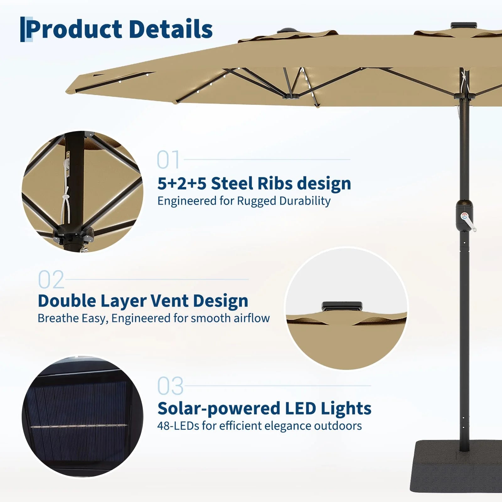 Garvee 270×450 cm Rechteck-Sonnenschirm mit Solar-LED-Beleuchtung & Standfuß, UV-beständiger Gartenschirm mit Kurbelgriff, für Terrasse, Pool & Garten, Beige