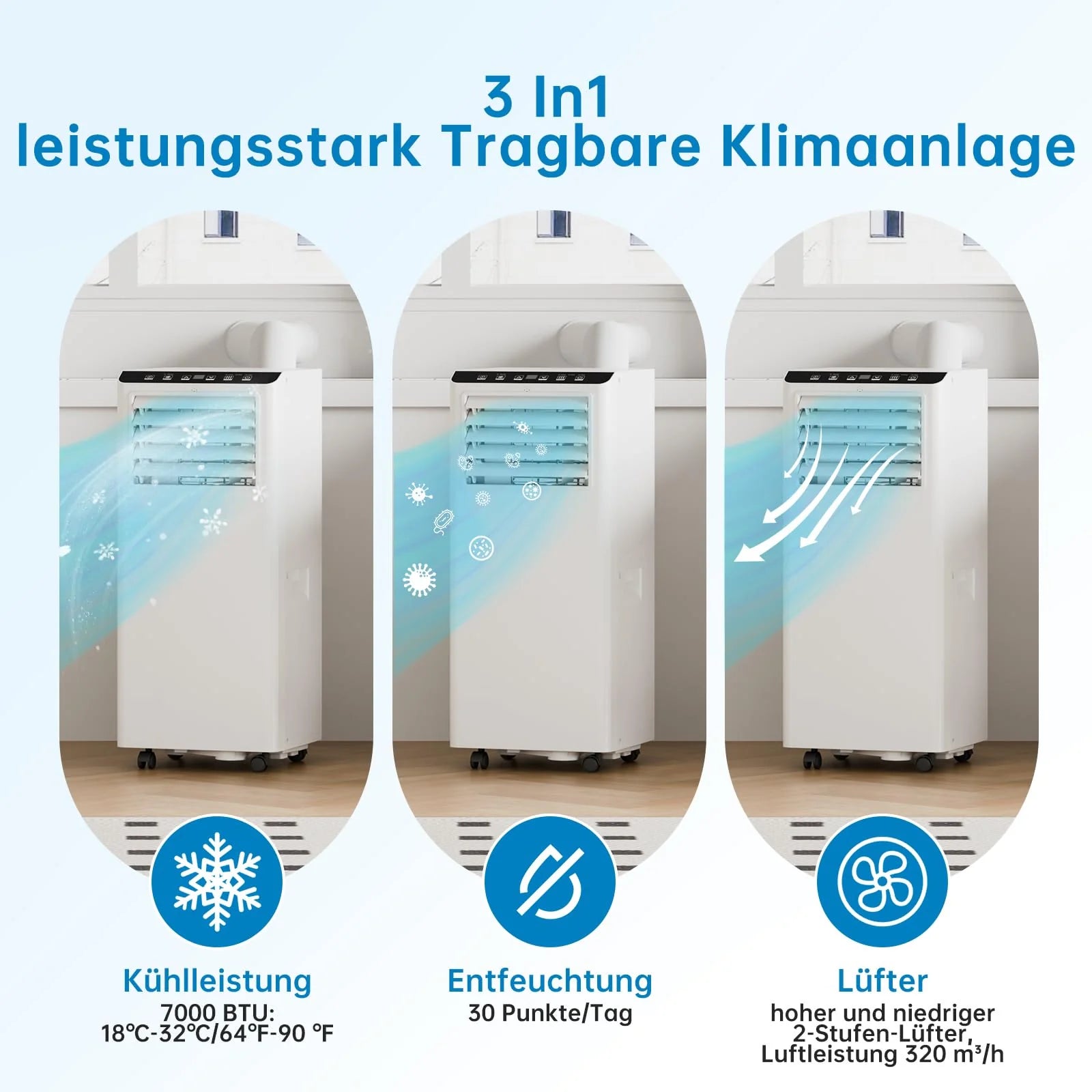 Garvee Mobiles Klimagerät 7000 BTU, Leise & Effiziente Klimaanlage mit R290-Kältemittel, Fenster-Kit & Abluftschlauch, Ideal für Zuhause & Büro
