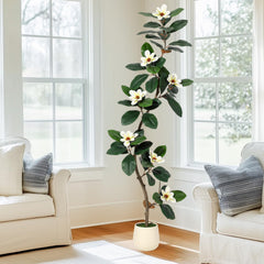 Garvee Künstlicher Magnolia-Baum 5 ft (150cm) – Pflegefrei, Realistisch, Weißer Topf, Für Indoor & Outdoor Dekoration