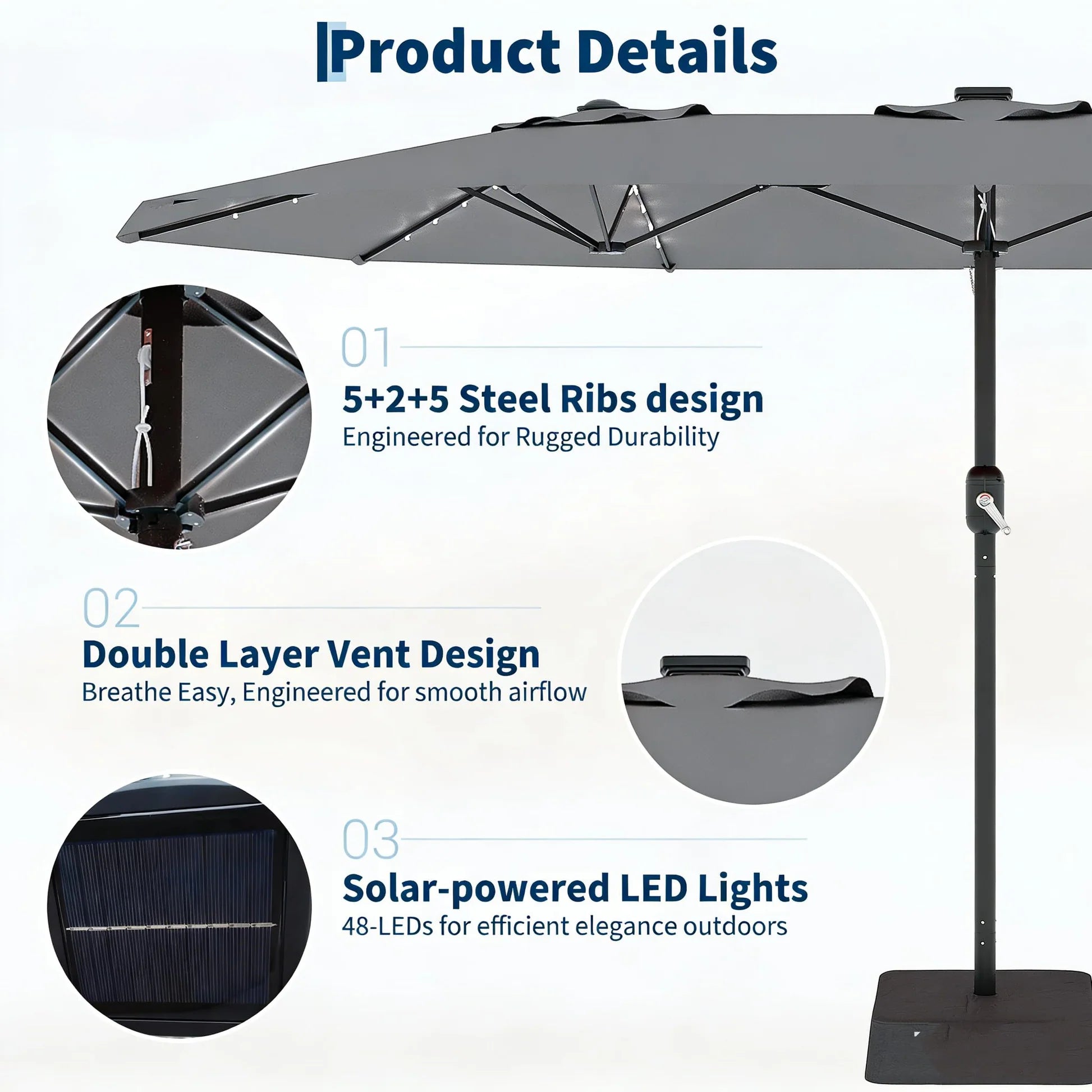 Garvee 270×450 cm Rechteck-Sonnenschirm mit Solar-LED-Beleuchtung & Standfuß, UV-beständiger Gartenschirm mit Kurbelgriff, für Terrasse, Pool & Garten, Grau