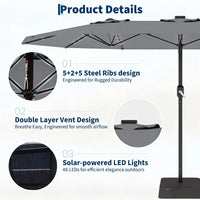 Garvee 270×450 cm Rechteck-Sonnenschirm mit Solar-LED-Beleuchtung & Standfuß, UV-beständiger Gartenschirm mit Kurbelgriff, für Terrasse, Pool & Garten, Grau