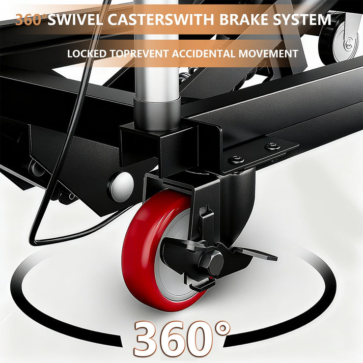 Detail of the four swivel casters, two with brakes