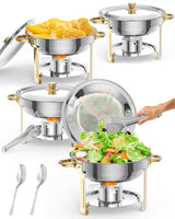 Garvee 4er-Set Buffet-Aufwärmschalen 5L Edelstahl Warmhalteplatten Mit Deckelhalter Für Partys Hochzeiten Events Gold