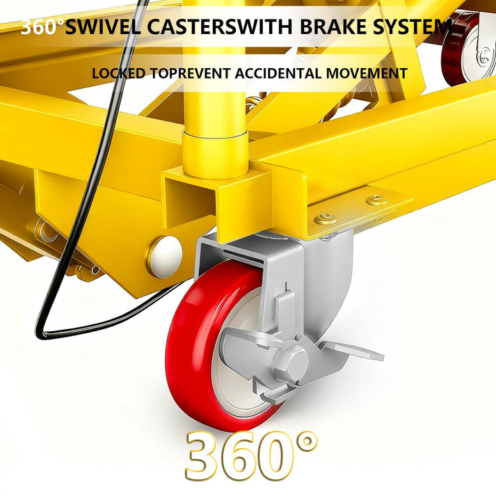 Detail of the four swivel casters, two with brakes