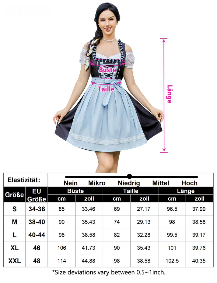 Garvee Traditionelles kurzes 3-teiliges Dirndl-Kleid für das Oktoberfest Blau Größe 36