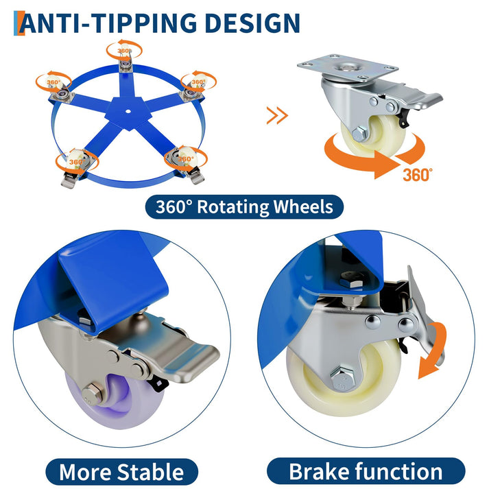 Detail der fünf Rollen, inklusive Lenkrollen mit Bremsen