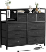 Garvee Kommode mit 9 Schubladen, integrierte Ladestation, 99 × 30 × 86 cm, für Schlafzimmer und Wohnzimmer, Noir - Schwarz