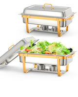 Garvee Chafing Dish 2er-Set 8 L aus Edelstahl, rechteckig in Gold mit Deckelhalter und Zubehör, Buffet-Speisenwärmer für Bankette - Gold | 8 L