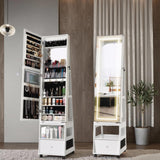 Garvee 360° Drehbarer Schmuckschrank Mit Ganzkörperspiegel, LED-Beleuchtung, Samt-Innenfutter, Weiß, Schlafzimmer, Abschließbar