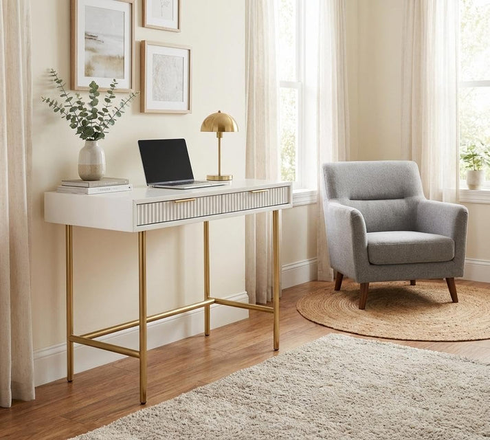 GARVEE moderner Schreibtisch Weiß mit goldenen Metallbeinen und zwei Schubladen
