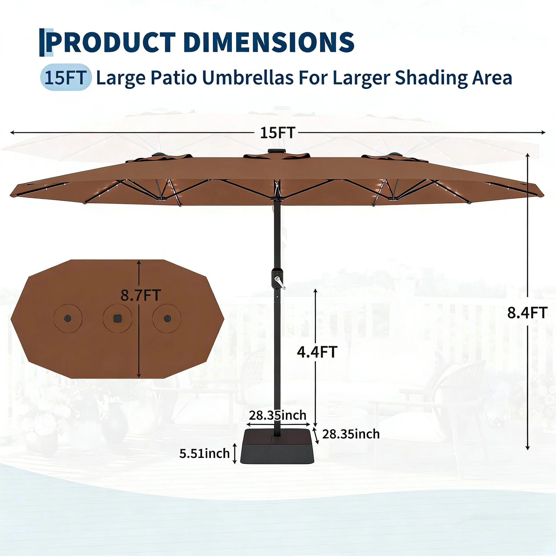 Garvee 270×450 cm Rechteck-Sonnenschirm mit Solar-LED-Beleuchtung & Standfuß, UV-beständiger Gartenschirm mit Kurbelgriff, für Terrasse, Pool & Garten, Braun