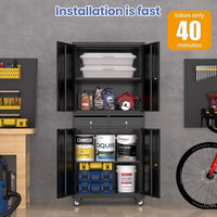 Garvee abschließbarer Metallschrank 180 cm, mobiler Aktenschrank mit feststellbaren Rollen, 2 Schubladen und verstellbaren Einlegeböden, robuster Lagerschrank für Büro, Garage & Werkstatt, Schwarz
