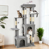 GARVEE Katzenkratzbaum 156 cm, Kratzbaum für Große Katzen mit XL-Aussichtsplattform, 2 Katzenhöhlen, Sisalstämmen und Hängespielzeug, Hellgrau - Hellgrau