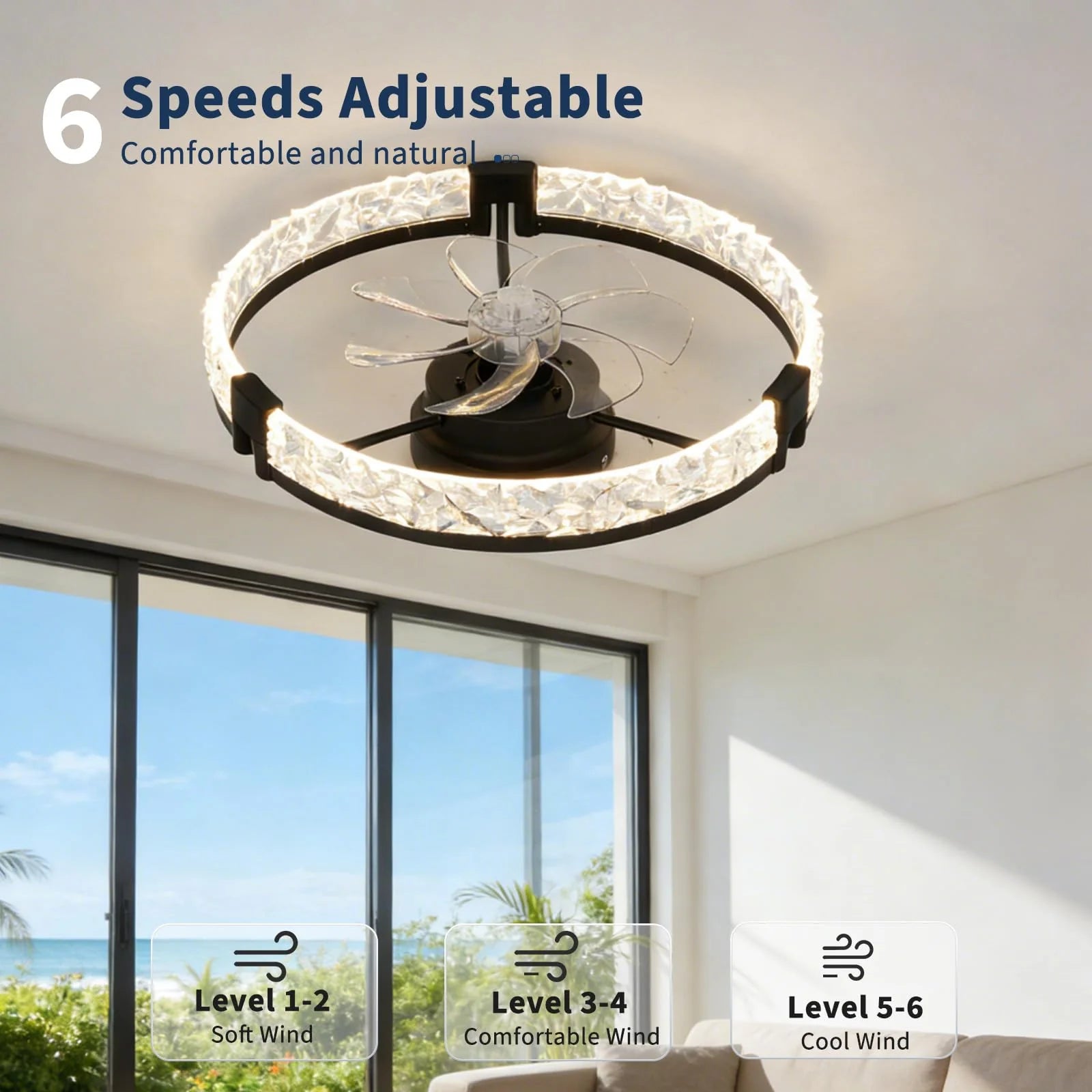 Garvee Deckenventilator Mit Licht & Fernbedienung, LED, Reversibler Motor, 6 Stufen, Schwarz