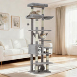 GARVEE Großer Kratzbaum für Katzen 188 cm, Stabiler Katzenkletterbaum mit 11 Sisal-Kratzpfosten und Hängematte, Mehrstöckige Katzenmöbel aus Holz und Plüsch für Wohnung, Hellgrau - Hellgrau