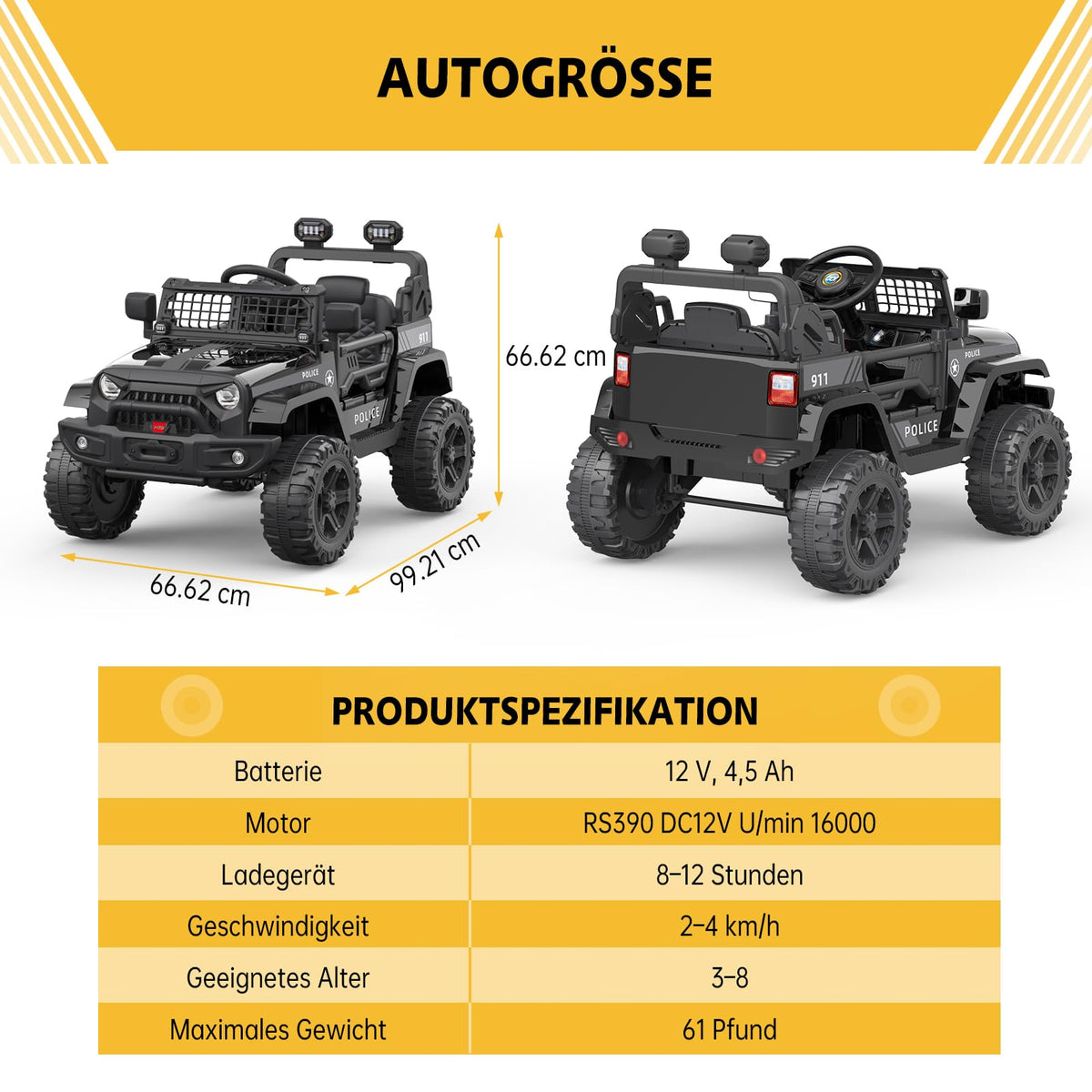 Garvee Kinder Elektroauto Maße 99,21 × 66,62 × 66,62 cm