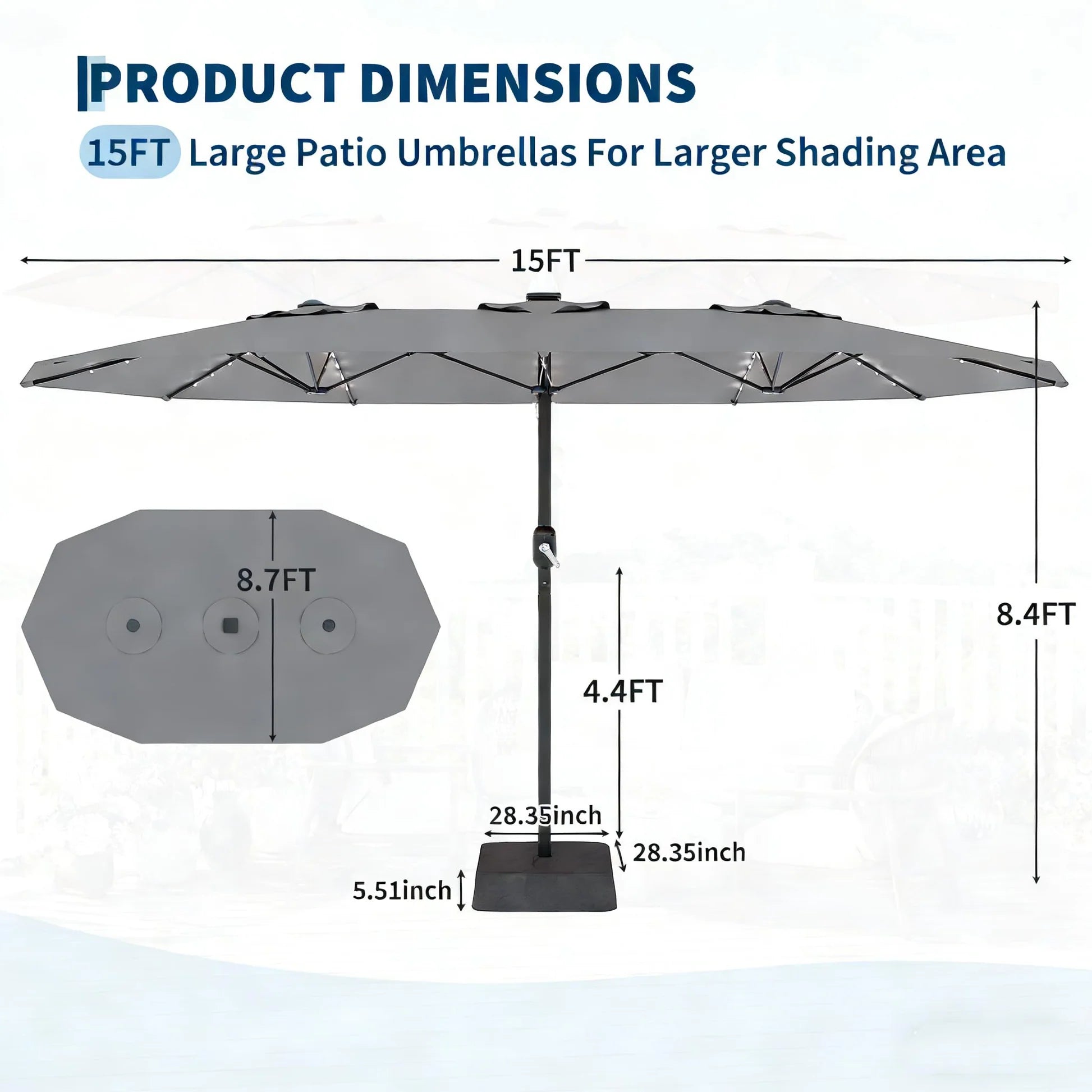 Garvee 270×450 cm Rechteck-Sonnenschirm mit Solar-LED-Beleuchtung & Standfuß, UV-beständiger Gartenschirm mit Kurbelgriff, für Terrasse, Pool & Garten, Grau