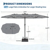 Garvee 270×450 cm Rechteck-Sonnenschirm mit Solar-LED-Beleuchtung & Standfuß, UV-beständiger Gartenschirm mit Kurbelgriff, für Terrasse, Pool & Garten, Grau