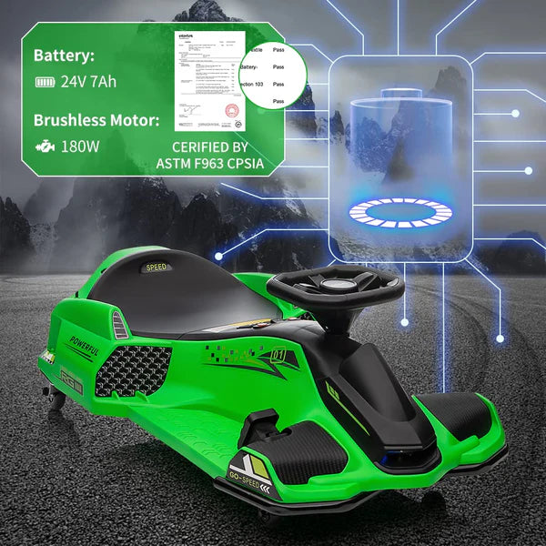 Garvee Grün 24V Elektro Drift Kart für Kinder mit LED Licht 180W Motor bis 7.5 mph Für Kinder 6-12 Jahre Outdoor Rennspaß