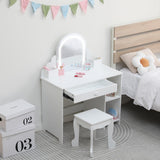 Garvee Kinder Schminktisch Mit Beleuchtetem Spiegel & Hocker Für Mädchen 3-9 Jahre, MDF, Weiß, LED-Licht, Großer Stauraum - Weiß + Accessoires