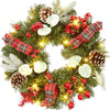 GARVEE Weihnachtskranz 45 cm Mit 15 LED Lichtern, Tannenzapfen & Beeren Für Tür- Und Fensterdeko, Naturmaterialien, Festlicher Waldstil