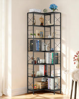 GARVEE Eckbücherregal, 7 Ebenen, Holzwerkstoff & Metall, verstellbare Ablagen, Schwarz – für Wohnzimmer & Büro