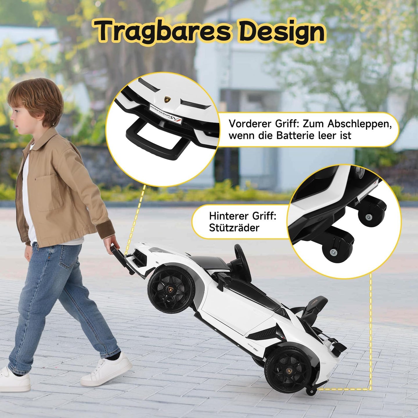 Tragbares Design mit vorderem Zuggriff und hinteren Stützrädern zum einfachen Verschieben bei leerem Akku