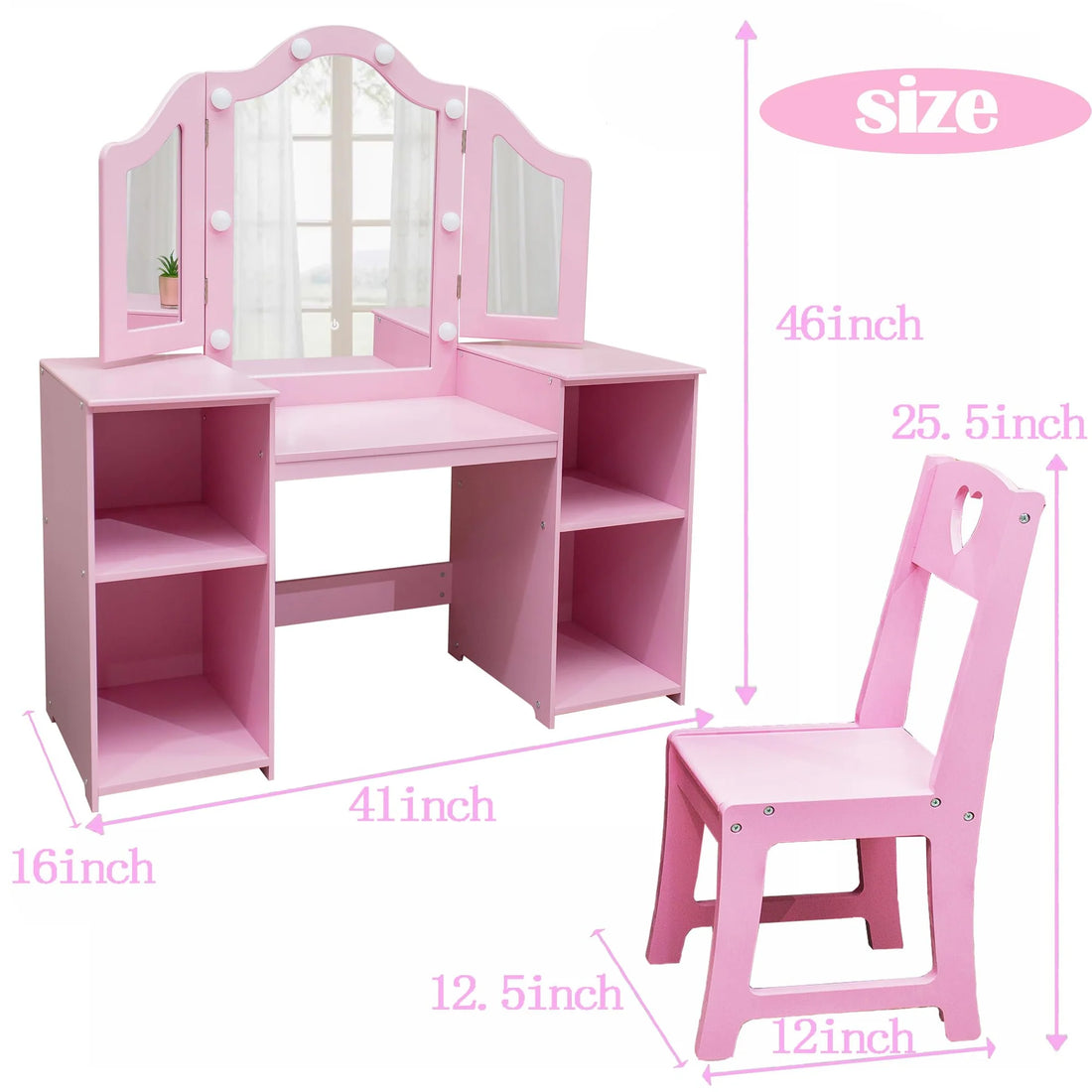 Garvee Prinzessin Schminktisch Mit LED Licht, Spiegel, Stuhl, 104×41×117 cm, Rosa