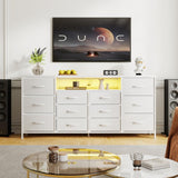Garvee 63" TV-Kommode Für 65-75" TVs Mit 12 Schubladen, LED-Beleuchtung, Stoff, Ladegerät, Offene Regale, Modernes Wohnzimmermöbel - Weiß
