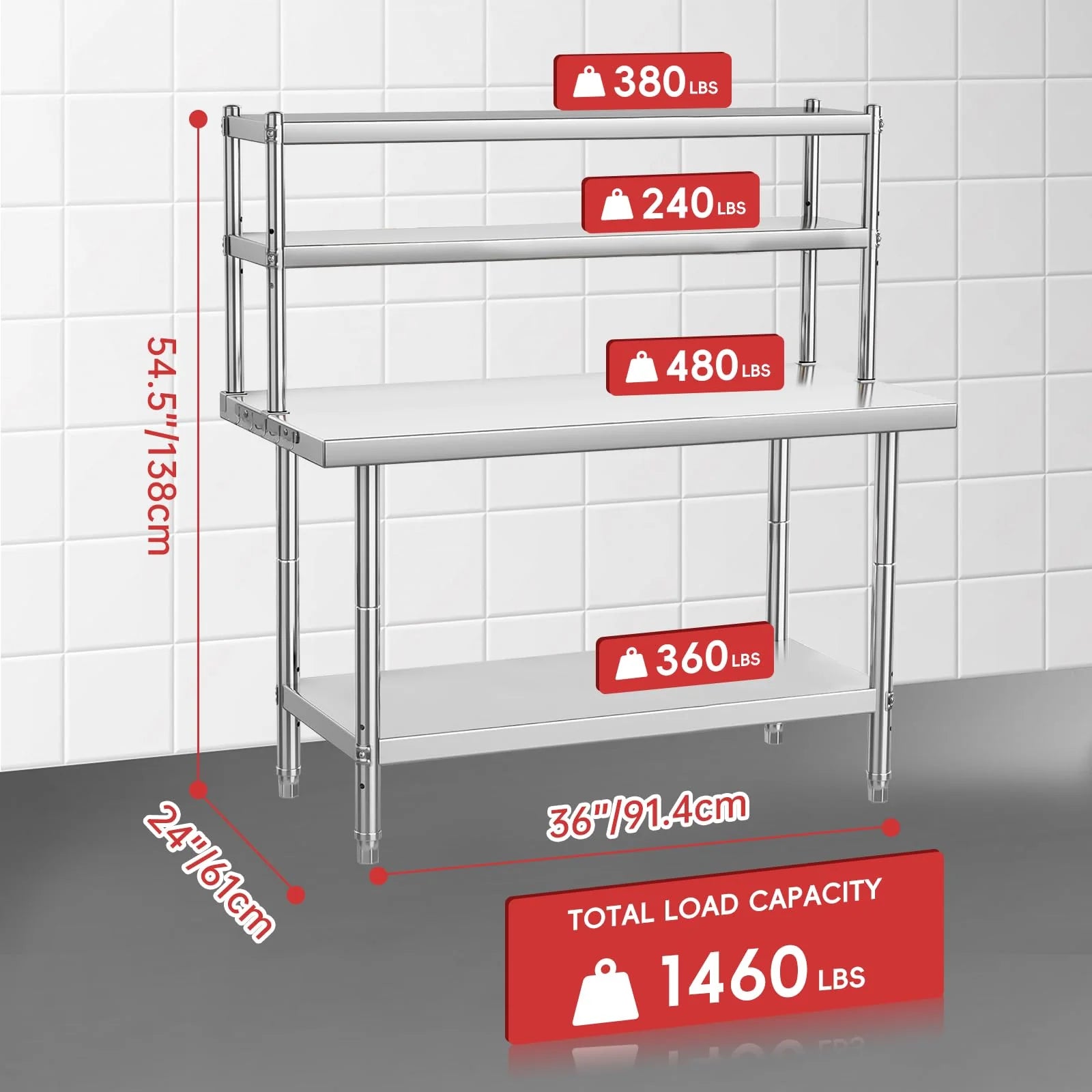 Garvee Edelstahl Arbeitstisch höhenverstellbar, rostfrei stabiler Werktisch 91 x 61 x 138 cm, hohe Tragkraft bis 662 kg für Werkstatt Küche