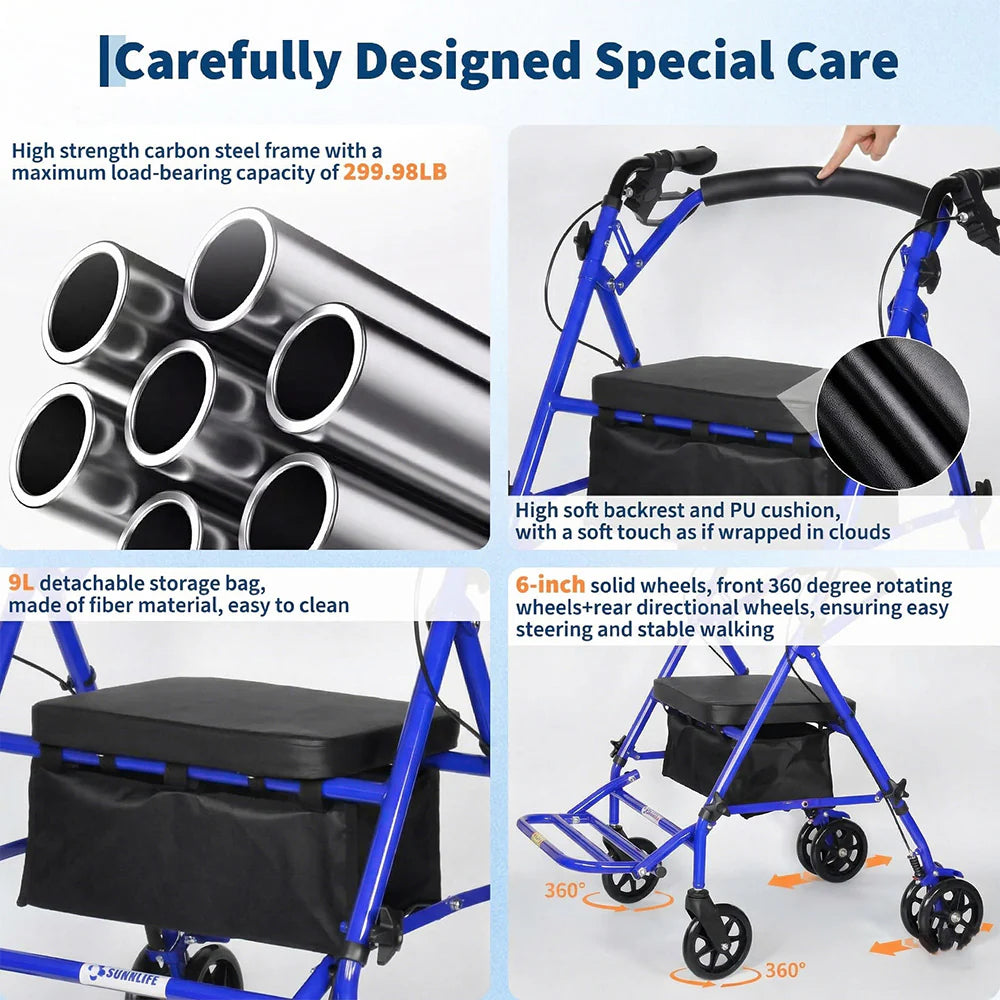 Garvee Rollator faltbar mit 4 Rädern, höhenverstellbare Gehhilfe mit Sitz und Doppelbremse, stabiler Stahlrahmen, 80–90 cm, für Innen- & Außenbereich, Blau