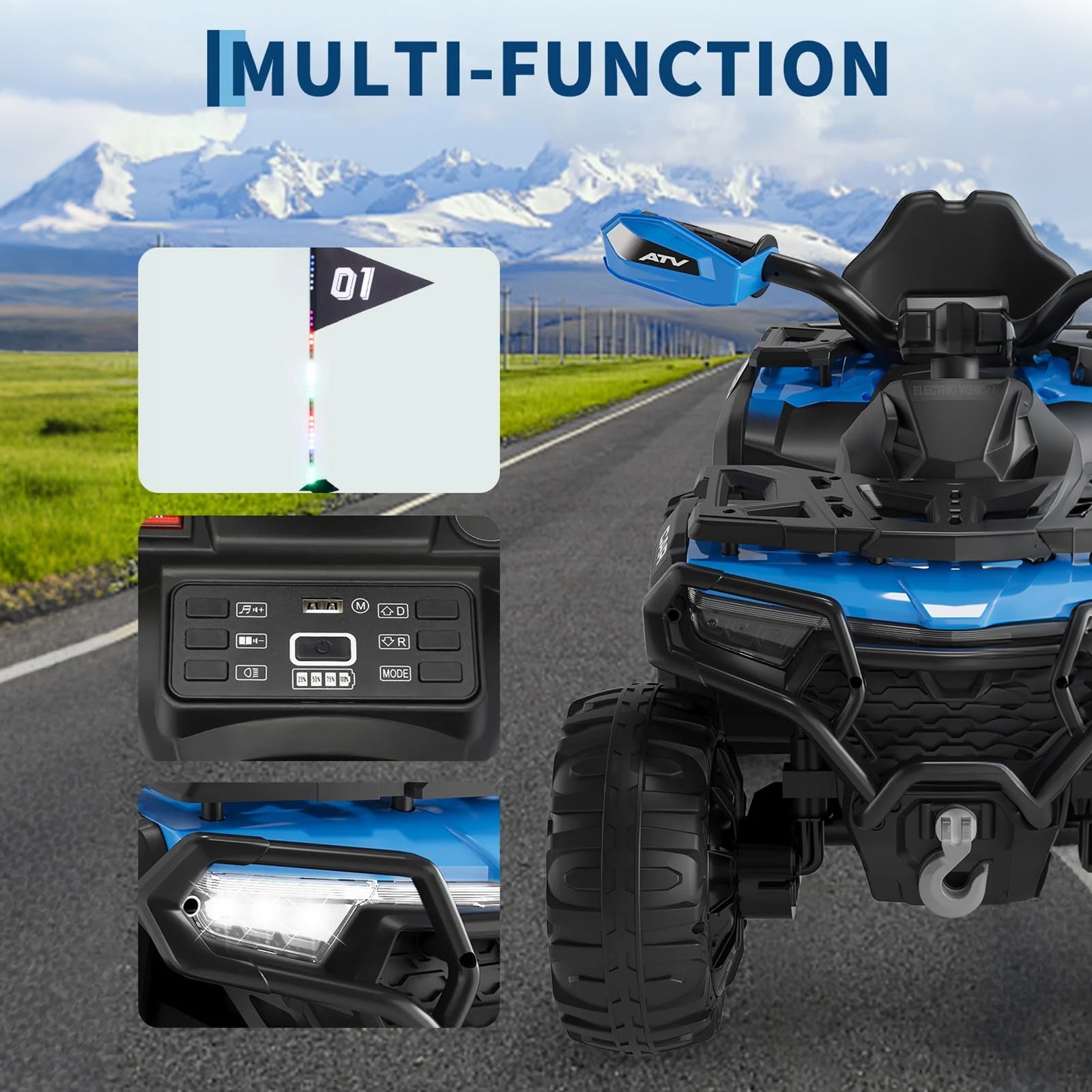 Garvee Blau Elektro-Quad 12V für Kinder – Mit Fernbedienung, 2x35W Motoren, Musik & LED für Kinder 3-8 Jahre