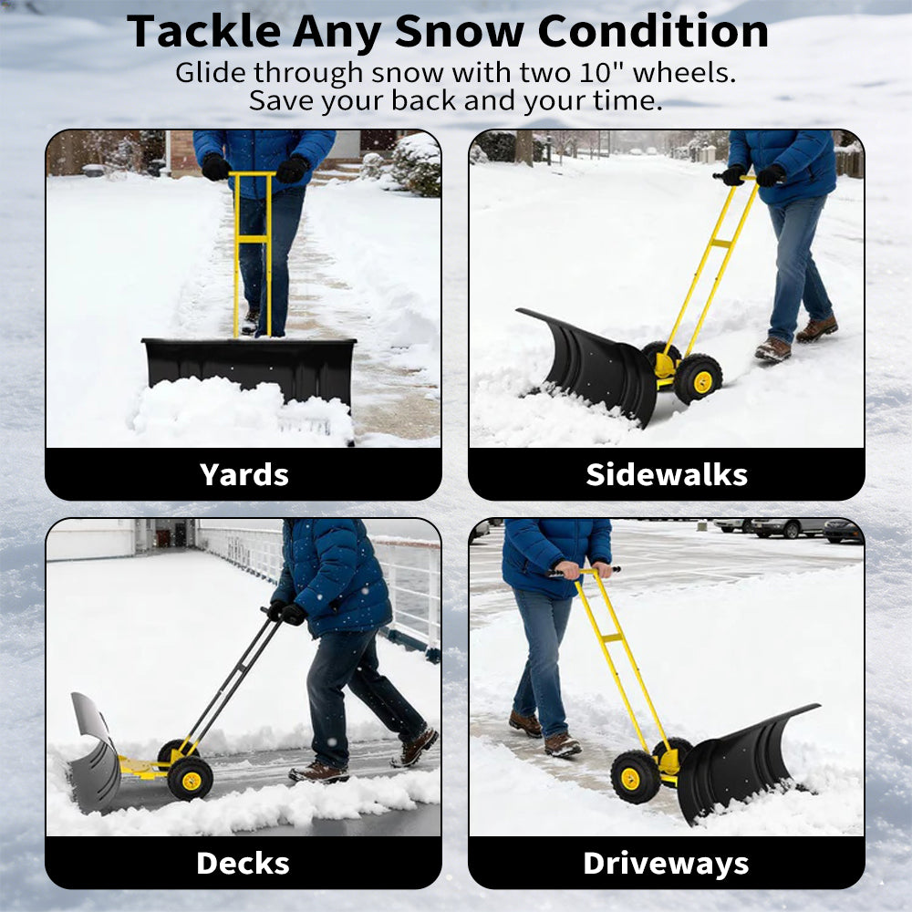 Garvee Schneeschieber mit Rädern 90×40 cm – Doppelstange, Stahlklinge, Verstellbarer Griff, Gummiräder