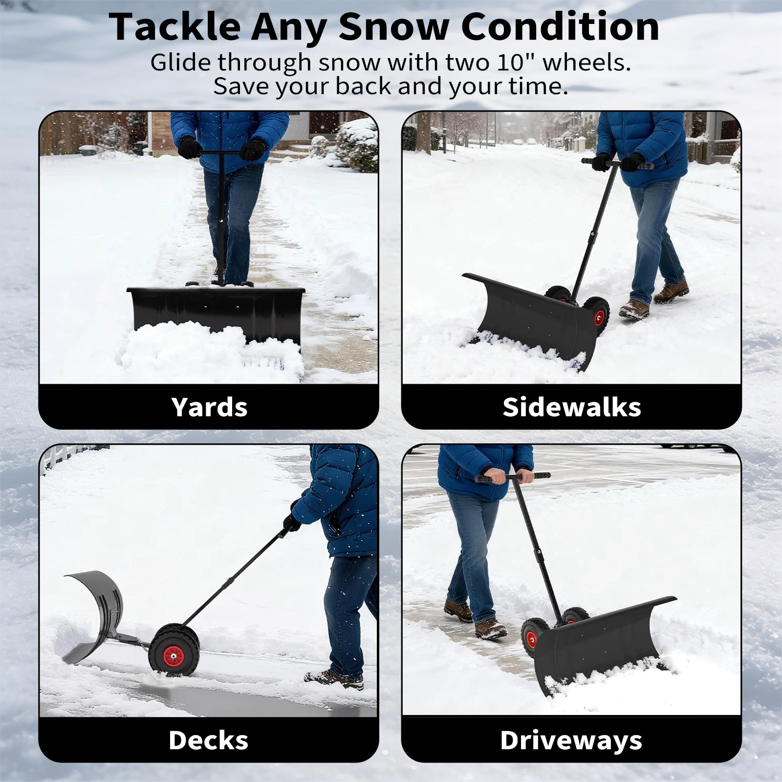 Garvee Schneeschieber mit Rädern 90×40 cm – Einzelstange, Stahlklinge, Verstellbarer Griff, Gummiräder