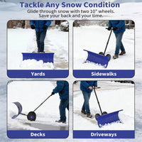 Garvee Schneeschieber mit Rädern – 75x40 cm Stahl-Klinge, 5-fach höhen- & neigungsverstellbar, klappbar & rückenschonend für Einfahrt und Gehweg (Blau)