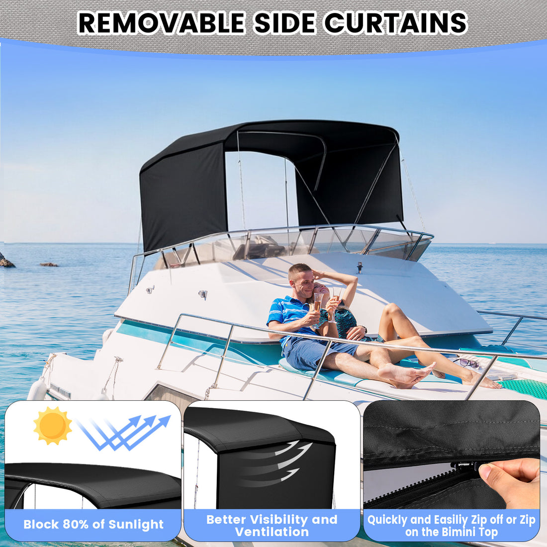Garvee 3-Bogen-Bimini-Top-Bootsabdeckung, Abnehmbare Seiten, Verstellbar, Marine Canvas, UV-Schutz, Verstellbar 137–152 cm, Schwarz