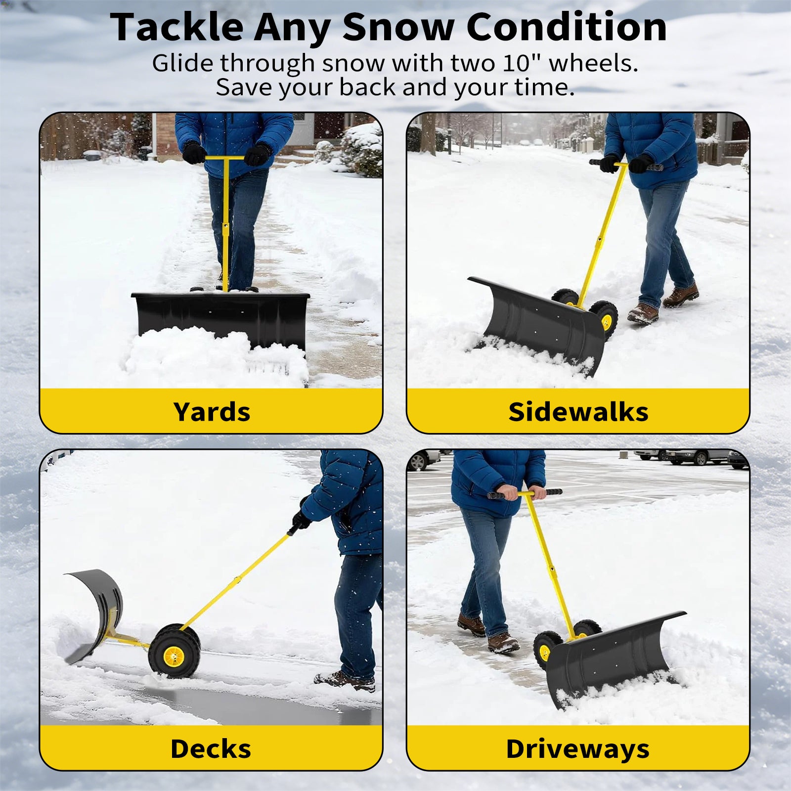 Garvee Schneeschieber mit Rädern – 75x40 cm Stahl-Klinge, 5-fach höhen- & neigungsverstellbar, klappbar & rückenschonend für Einfahrt und Gehweg (Gelb)