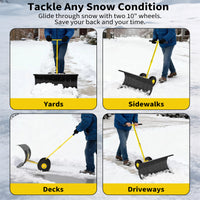 Garvee Schneeschieber mit Rädern – 75x40 cm Stahl-Klinge, 5-fach höhen- & neigungsverstellbar, klappbar & rückenschonend für Einfahrt und Gehweg (Gelb)